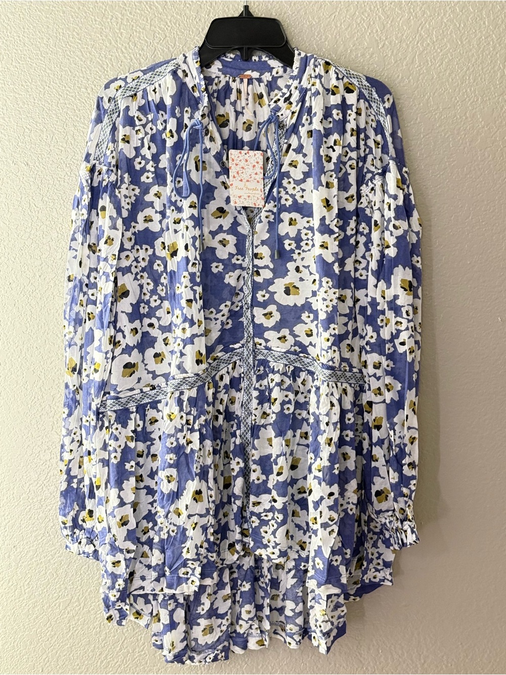 NEW Free People Blue Floral Bohemian Keyhole Long Sleeve Mini Dress Sz LARGE - Picture 11 of 16